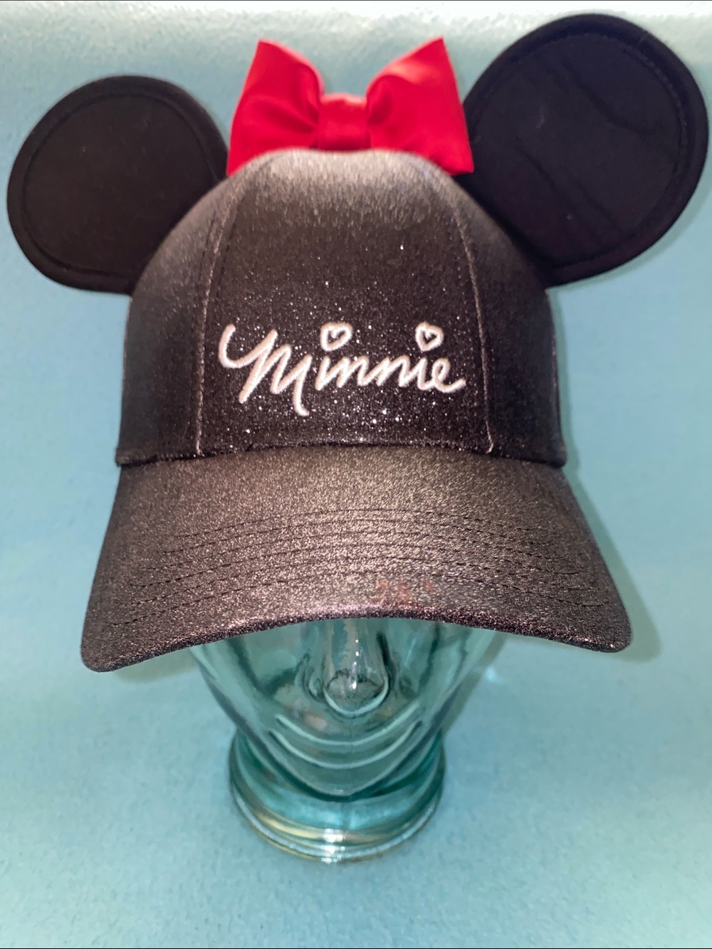DISNEY Minnie Mouse 3D ball cap red bow ears embroidered glitter black size OSFA